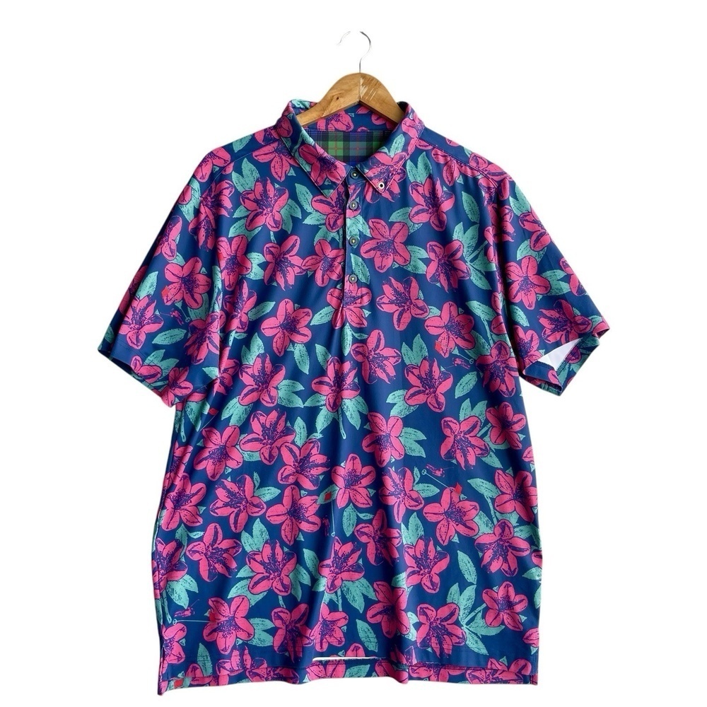 William Murray Mens Performance Golf Polo Shirt Blue Pink Floral Hibiscus Large